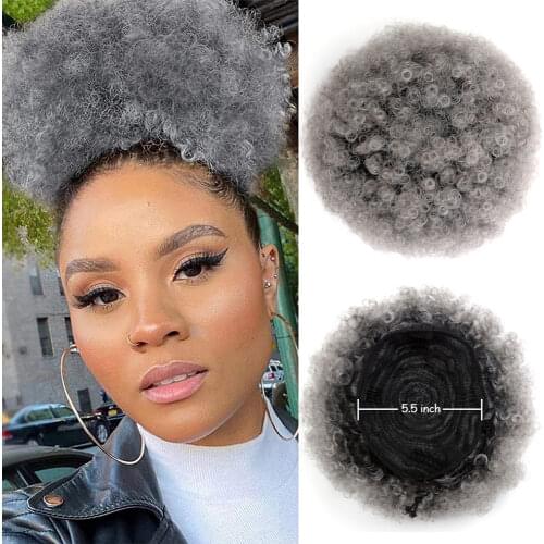 8inch Short Afro Kinky Hair Puff Synthetic Drawstring Ponytail Hair Bun Chignon Clip in Hair Extension Grey Kinky Puff Hair Bun
