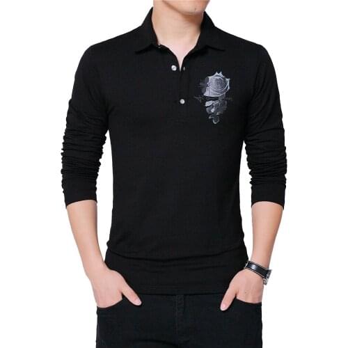 Autumn Men Casual T-shirt Long Sleeve Flowered Print Design Korean Style Trends Turn-down Collar Slim Fit Elegant T-shirt Male