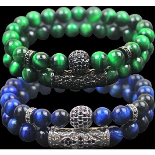 Wholesale Luxury 2pc / set Blue green Tiger Eye Bead Bracelet Men New Fashion Pave Cubic Zirconia Charm Bracelet Men Jewelry
