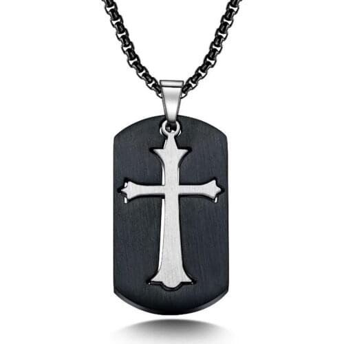 Stainless Steel Black Men Punk Rock Cross Dog Tag Pendant Necklace Jewelry Gift For Him with Chain
