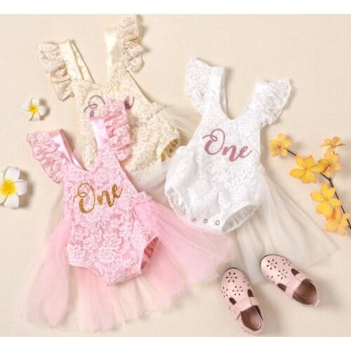 New Baby Kids Lace Mesh Stitching Romper Dress One Letter Print Princess Summer Baby Romper Bodysuits Birthdays Party Costume