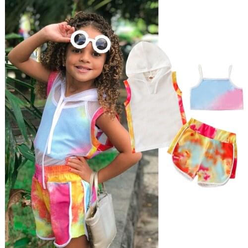 New Summer Colorful Tracksuits Kids Clothes Set Tie dye Printed Vest Tops+Short Pants 3pcs Outfits Toddler Girls Clothing