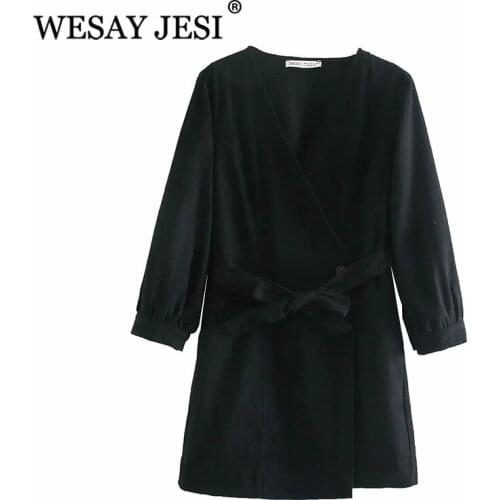 WESAY JESI Za Woman Dress Fashion Belt Tie Black Mini Dress Vintage Casual Button-up Female V-neck Long sleeve Party Dresses