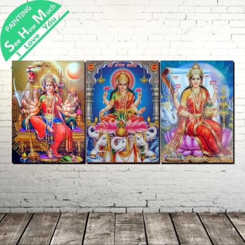 3 Pieces Ganesha God Modern Wall Painting Posters and Prints Picture Canvas Painting Framed Decorative Pictures for Living Room