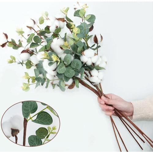 1PCS Dried Cotton Flower Eucalyptus Leave Artificial Plants Floral Branch For Wedding Party Decoration Fake Flowers Home Decor