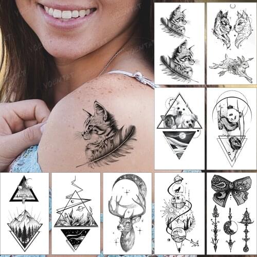 Waterproof Temporary Tattoo Sticker Small Cat Feather Wolf Flash Tatoo Panda Dog Deer Wrist Fake Tatto For Body Art Women Men