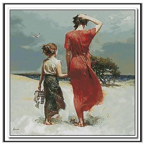 For Embroidery Needlework Crafts 14CT Unprinted DIY Quality Cross Stitch Kits Handmade Mother and daughter Beach Arts People