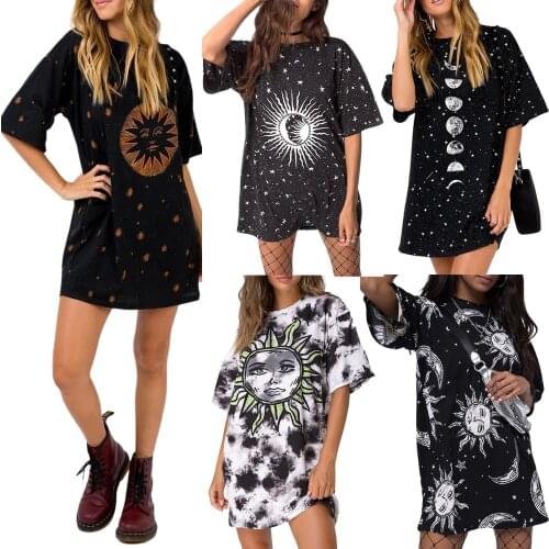 2021 Hirigin Women Summer Long T-Shirt Tie-Dye Print O-Neck Short Sleeves Casual Tops for Female Dark Girl Style T-shirt