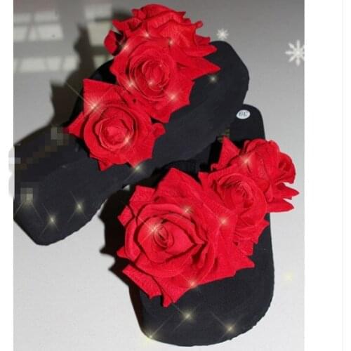 HAHAFLOWERSummer Fancy Women Flower Pearl Sandals Wedge Beach Slippers Bohemia Flip-Flops Shoes Handmade