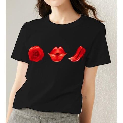 Women Tshirts Summer Fashion All-match Black Printing Lady Tee Sexy Lips Pattern Series O-neck Female Short Sleeve Tops Clothes