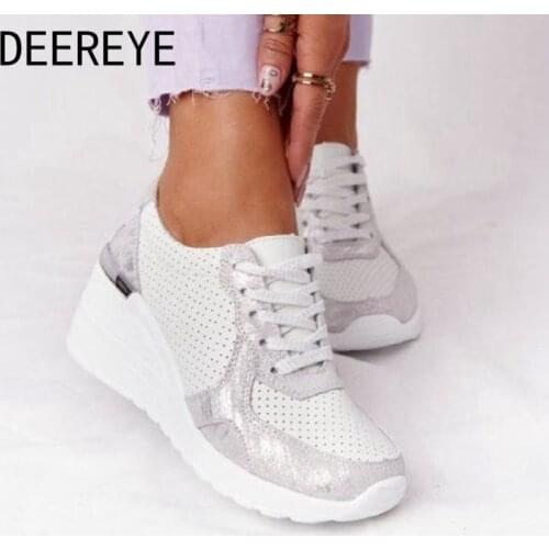 Inner Increase Women Wedge Platform On Sneaker Leisure Mesh Breathable Casual Sport Walking Outdoor White Gold Footwears Shoes