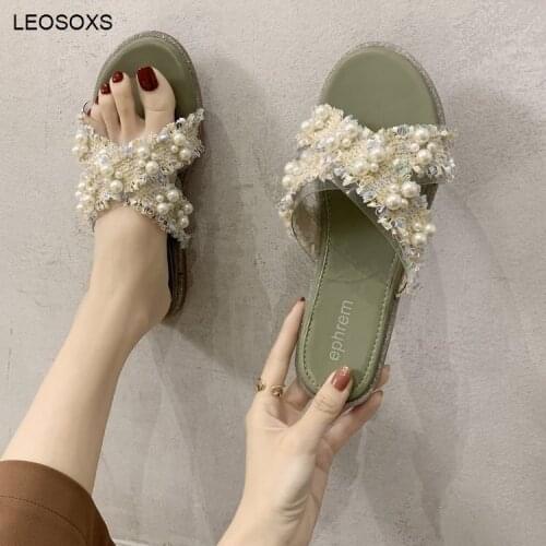 Womens Summer Slippers Cross Upper Open Toe Flat Shoes Flat Heel 2021 New Pearl Fashion Casual Beach Sandals