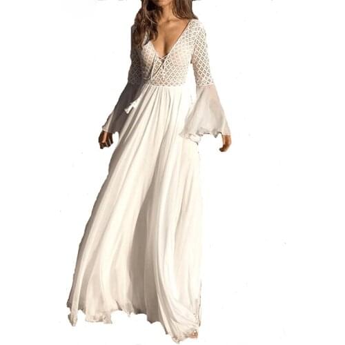 OMSJ Bohemian Lace Stitching Floor Length Long Dress Spring Summer Elegant Flared Sleeves Deep V Neck Lady Holiday Club Vestidos