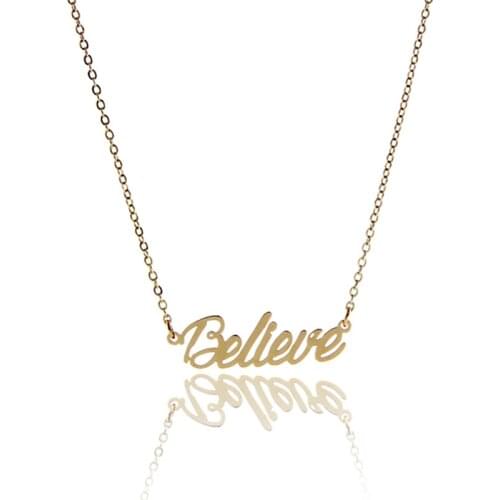 Gold Color Nameplate Necklace "Believe" Necklace for Women Jewelry Stainless Steel Script Front Letters Initial Statement NL2425