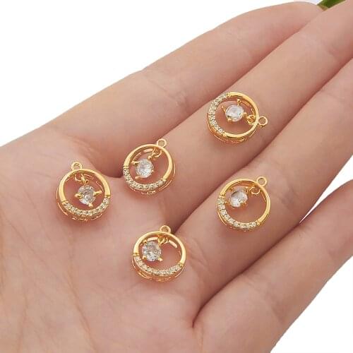 1PC 13x11mm Gold Plated Brass and Zircon Round Shape Connector Charm Pendant For Necklace Making DIY Necklace Charm Material
