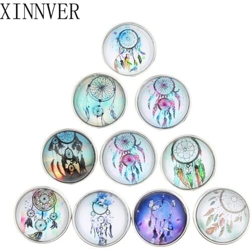 10Pcs/lot Mixed Styles Dream Catcher 18mm Glass Snap Button Jewelry Fit Metal Snap Charm Bracelets Xinnver Snaps Jewelry ZB342