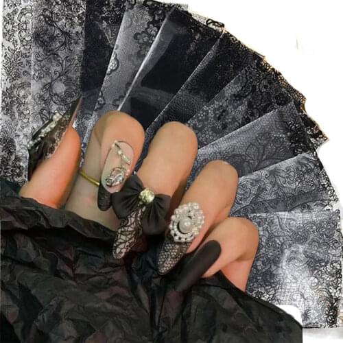16 Sheet Black Lace Flower Nails Sticker White Star Transfer Nail Foil Adhesive Manicure Nail Stickers Designer Art Decoration