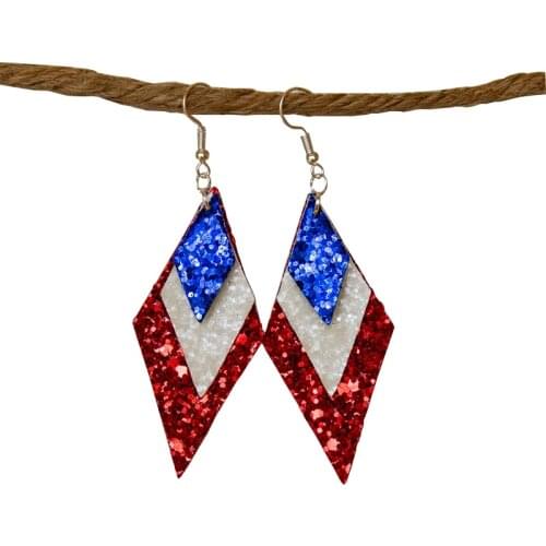 2020 Red White & Blue Sequins Layered America Flag Teardrop Leather Earrings July 4th Three Stacked Lightweight Earrings