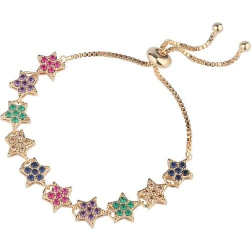 5pcs/lot Rainbow Jewelry Brass Micro Pave CZ Star Shape Box Chain Adjustable Bracelets