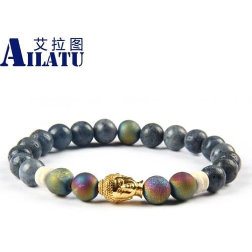Ailatu Blue Coral Stone Stainless Steel Buddha Head Beaded Bracelet for Cool Men New Design Jewelry Wholesale 10pcs/lot