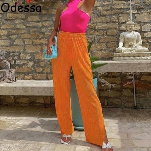 Odessa Fashion Street Casual Baggy Pants Women Green Orange High Waist Chic Ice Silk Slit Wide Leg Loose Trousers Autumn 2021
