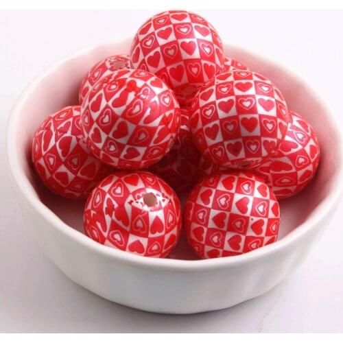 Valentines Day 100pcs/lot Round 20mm acrylic matte print heart chunky loose bubblegum ball beads for kids necklaces making