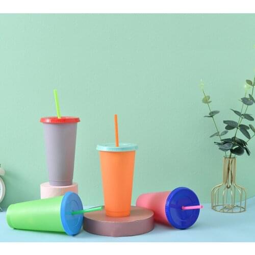 Color Changing Cold Drink Cups Reusable Transparent Temperature-Sensitive Plastic Colorful Coffee Cup with Lids and Straws