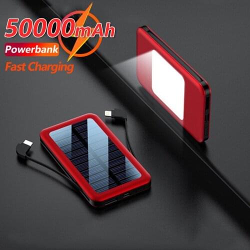 50000mAh Mini Waterproof Solar Power Bank External Battery with Charging Cable LED Outdoor Portable Fast Charging for Cellphone