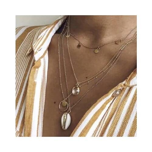 Boho Shell Moon star Pendant Multi layer Necklace for Women Long Chain Round Charm Statement Choker Necklace Wedding Jewelry