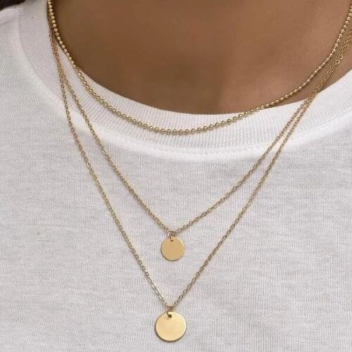 Multilevel Collar Gift Round Sequin Pendant Necklace For Women Female 2021 Fashion Vintage Gold Bead Chain Jewelry Wholesale