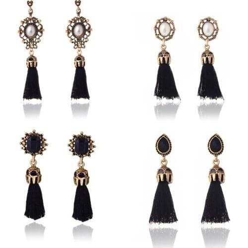 Fashion New Retro Boho Tassel Earrings Palace Wind Pearl Hollow Tassel Earrings Girlfriend Gift