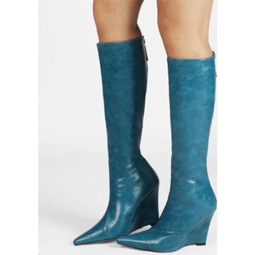 Trendy Wedge Heel Boots Sexy Pointed Toe Knee High Boots for ladies Short Winter Boots Warm Big Size 43