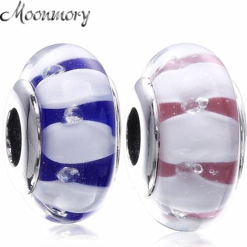Moonmory 925 Sterling Silver Stripe Murano Glass bead With Bubble Blue & Pink Fit Brand Bracelet Sterling Silver DIY Charm
