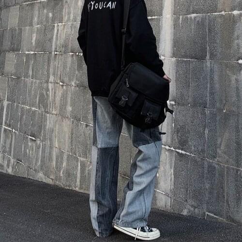 High Street Style Water Wash Men Jeans Hop Hip Straight Loose Denim Pants Retro Patchwork Tie-Dye Men Trousers