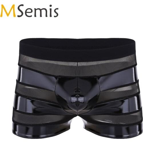 MSemis Men Lingerie Wet Look Faux Leather Mesh Patchwork Stripe Sexy Gay Male Bulge Pouch Underwear Boxer Shorts Briefs Panties