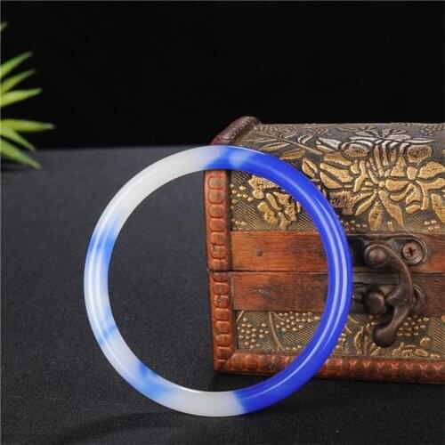 Natural Blue White Jade Bangle Bracelet Genuine Hand-Carved Charm Jadeite Jewelry Fashion Accessories Amulet for Men Women Gifts