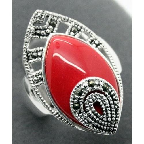 Wholesale good 925 Sterling Silver Red Carved Lacquer With Marcasite Attractive Ring Size Nobility Fine womens jewelry Genuine