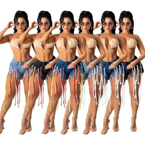 Hot Style Colorful Ribbon Tassels Women Jeans Fashion High Waist Irregualr Ripped Holes Straight Shorts Jeans Lady Summer
