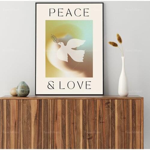 Peace and love retro 70s poster, gradient psychedelic abstract print, dove art print, bohemian artwork decorative poster