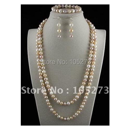 Stunning!jewelry set AA8-9mm mixes Genuine freshwater pearl & silvers necklace bracelet earring Hot sale free shipping A2415