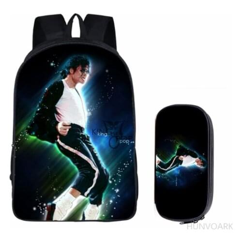 16Inch Michael Jackson 2PC Set with Pencil Case Student Backpacks Printing Cool Children SchoolBags for Boys Women Men Book Bag