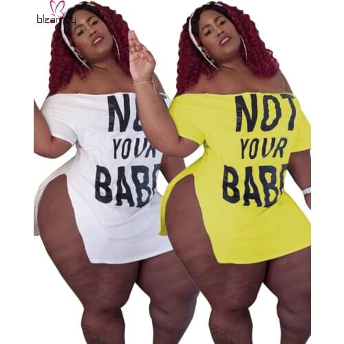Sexy Plus Size Night Club Party Dress Women Letter Print Split Skinny Bodycon Short Mini Dresses White Yellow Robe Ete Femme
