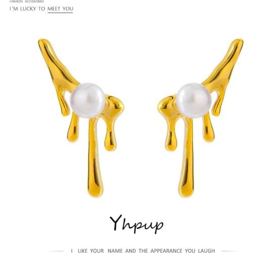 Yhpup New Design Imitation Pearls Geometric Stud Earrings Fashion Metal 14 k Copper Unusual Earrings Jewelry Gift Bijoux Femme