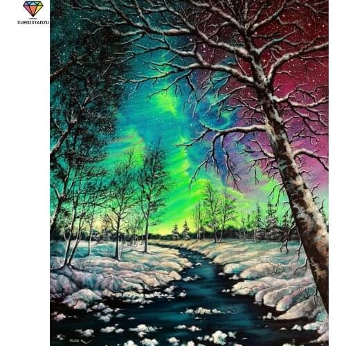 XUEQIXIAOZU Full Round Northern Lights Forest Landscape Diamond drawing Mosaic painting 5D DIY Diamond embroidery gifts New