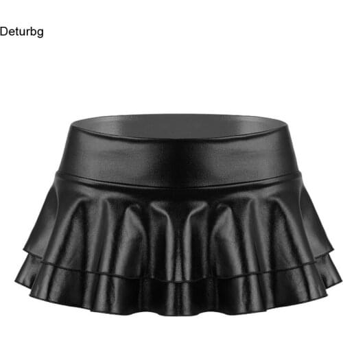 Womens Sexy Faux Leather Mini Skirt Female Elastic Waist Pleated Shiny PU Skater Cheerings Skirts Faldas 2021 Autumn SK890