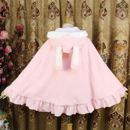 Ladies Autumn Winter Tweed Gothic Shawl Cloak Hooded Cape Lolita Sweet Bunny Poncho Coat Outwear For Preppy Women 3 Colors