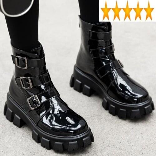Women Street Platform Ankle High Quality Buckle Belt Genuine Leather Moto Biker Boots Fashion Winter Height Increased Boot