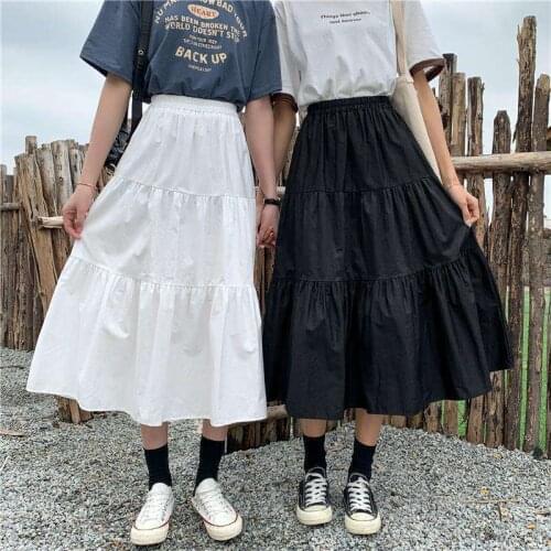 Women Skirt Spring Summer Midi Long Skirt for Girls High Waist Solid White Pleated Cake A-Line Skirts Fashion Women Clothes 2021