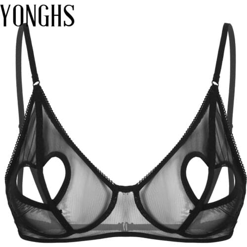 Womens Naughty See Through Sheer Mesh Lingerie Adjustable Spaghetti Shoulder Strap Heart Shape Hole Wire-free Unlined Bra Top