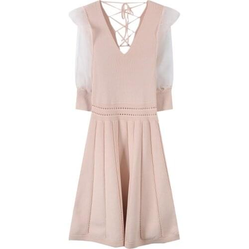 2020 summer autumn women elegant mesh patchwork bandage knitted dress designer v-neck hollow out sweater dresses JC485